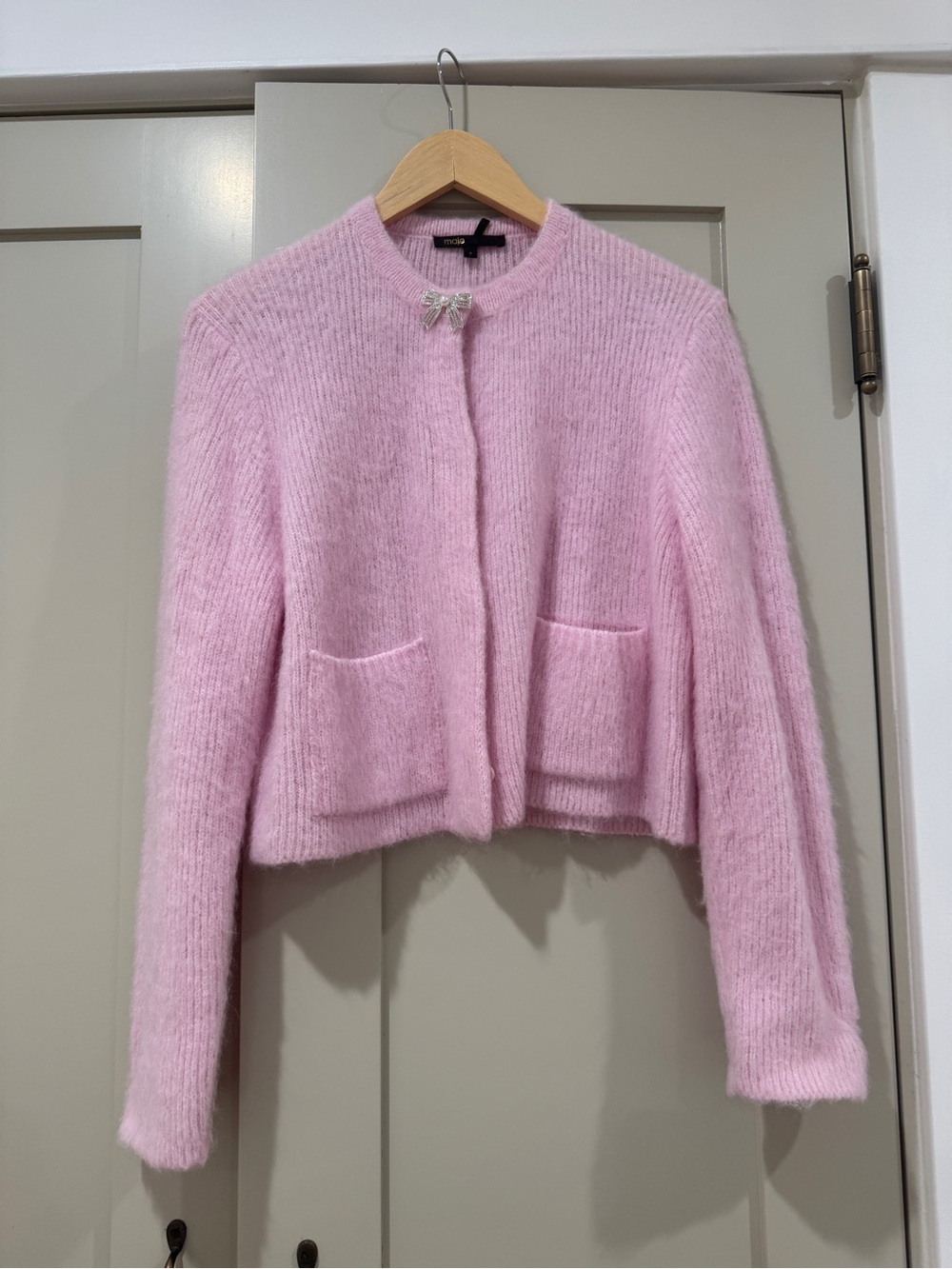 Maje Pink Cardigan with Jewelled Bow Clasp & Front Pockets
